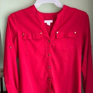 Charter Club Vibrant red blouse. Crepe fabric, gold metallic buttons. V neck.
